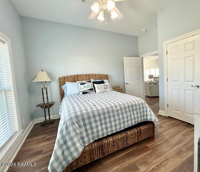 bedroom featuring multiple windows, dark wood-type flooring, and ceiling fan