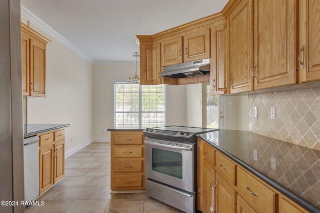 kitchen with backsplash, white dishwasher, crown molding, electric range, and light tile patterned flooring