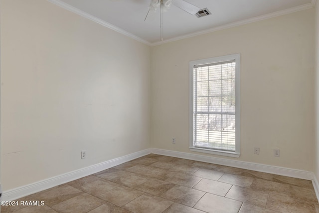 empty room with ornamental molding, light tile patterned floors, ceiling fan, and a healthy amount of sunlight