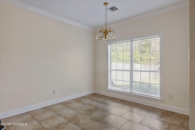 tiled empty room with a notable chandelier, plenty of natural light, and crown molding