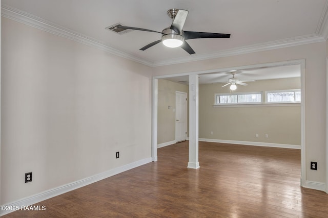 unfurnished room with ceiling fan, dark wood-type flooring, and ornamental molding