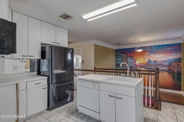 kitchen with a center island, black appliances, sink, white cabinetry, and ornamental molding