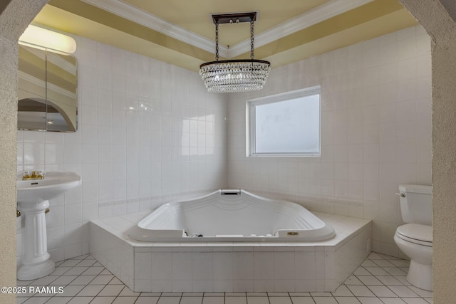 bathroom featuring toilet, ornamental molding, tile walls, and tile patterned floors