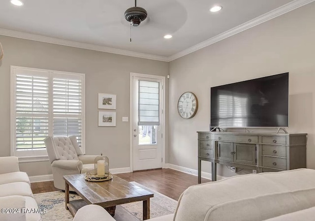 living room with hardwood / wood-style floors, ceiling fan, and ornamental molding