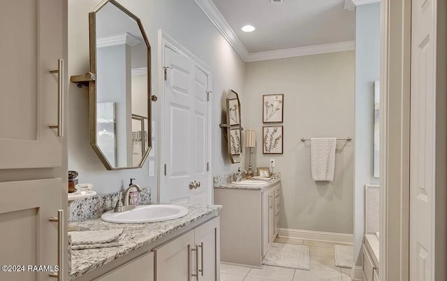 bathroom with vanity, tile patterned floors, and ornamental molding