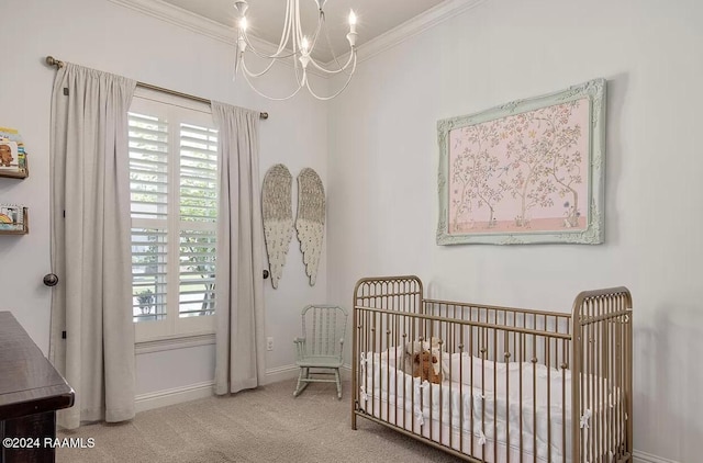 carpeted bedroom with a nursery area, crown molding, and a notable chandelier