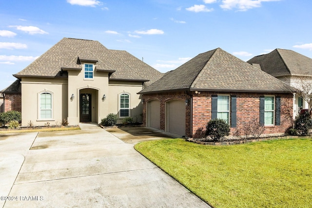 french country home featuring a front lawn and a garage