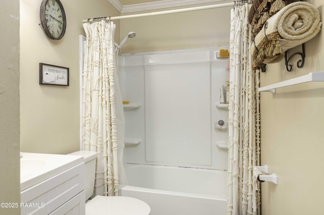 full bathroom with vanity, toilet, shower / bathtub combination with curtain, and ornamental molding