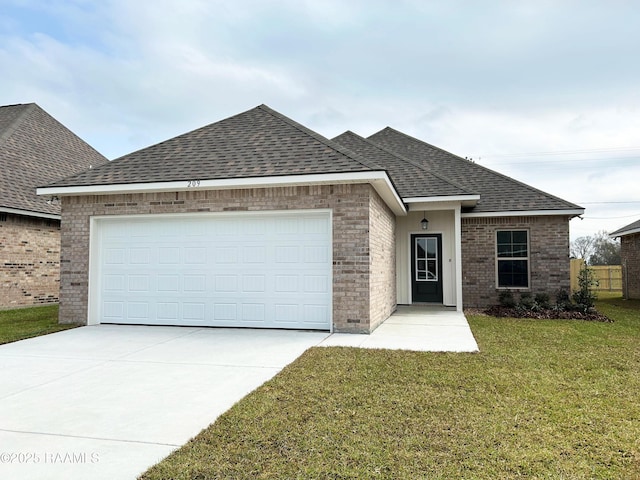 single story home featuring brick siding, a front lawn, concrete driveway, roof with shingles, and an attached garage