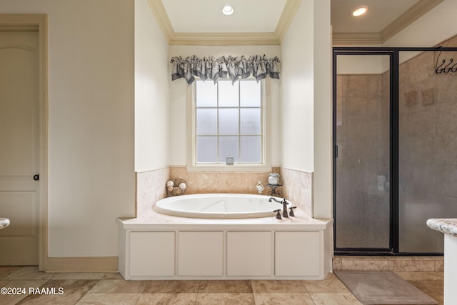 bathroom with separate shower and tub and crown molding