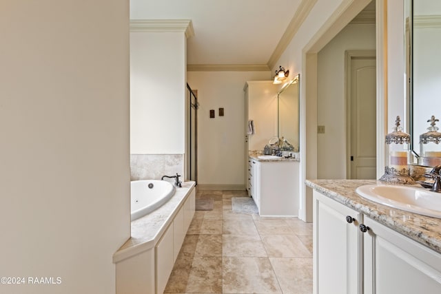 bathroom with vanity, independent shower and bath, and crown molding