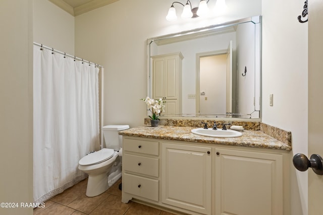 bathroom with tile patterned flooring, a shower with curtain, vanity, and toilet