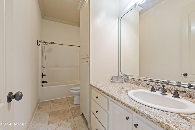 full bathroom with vanity, shower / bath combination, toilet, and crown molding