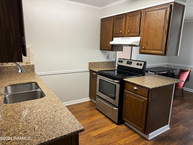 kitchen with stainless steel range with electric stovetop, stone counters, sink, crown molding, and dark hardwood / wood-style flooring