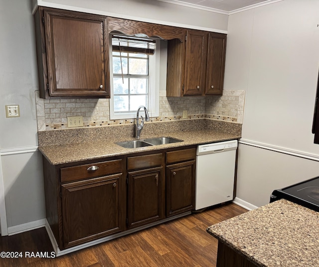 kitchen with decorative backsplash, ornamental molding, dark wood-type flooring, sink, and dishwasher