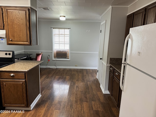 kitchen with dark wood-type flooring, white refrigerator, stove, cooling unit, and ornamental molding