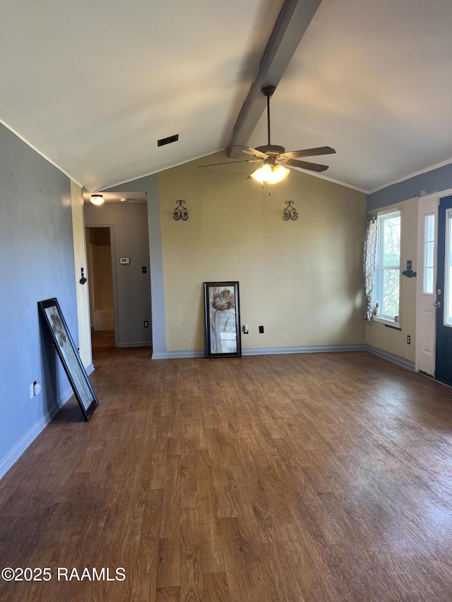 unfurnished living room with vaulted ceiling with beams, dark wood-type flooring, and ceiling fan