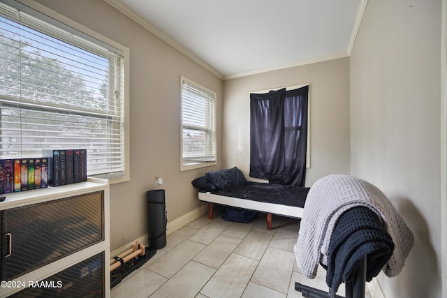 living area featuring a healthy amount of sunlight, light tile patterned flooring, and ornamental molding