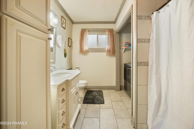 bathroom featuring tile patterned flooring, vanity, toilet, and crown molding