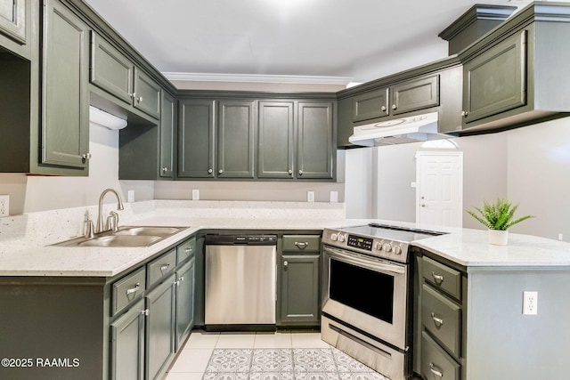 kitchen featuring light tile patterned flooring, appliances with stainless steel finishes, ornamental molding, kitchen peninsula, and light stone countertops