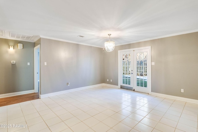 unfurnished room featuring baseboards, an inviting chandelier, light tile patterned flooring, and ornamental molding