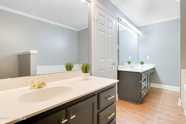 bathroom with a sink, wood finished floors, ornamental molding, two vanities, and baseboards