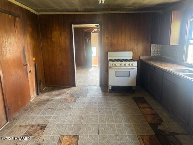 kitchen with wooden walls, sink, ceiling fan, and white range with gas stovetop