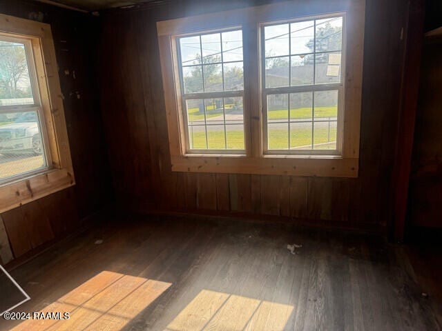 spare room featuring plenty of natural light, wood walls, and dark hardwood / wood-style flooring