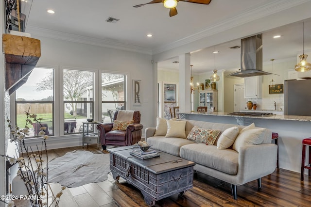 living room featuring crown molding, dark hardwood / wood-style floors, and sink