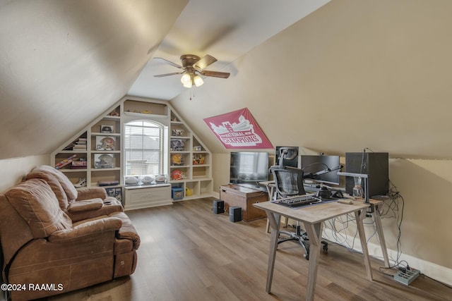 office featuring vaulted ceiling, ceiling fan, and light hardwood / wood-style floors