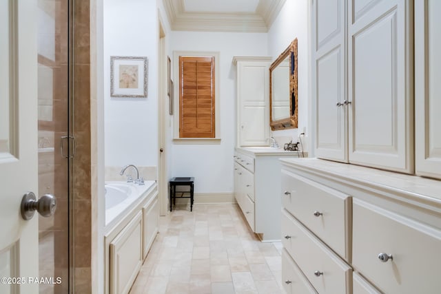 bathroom with vanity, ornamental molding, and plus walk in shower