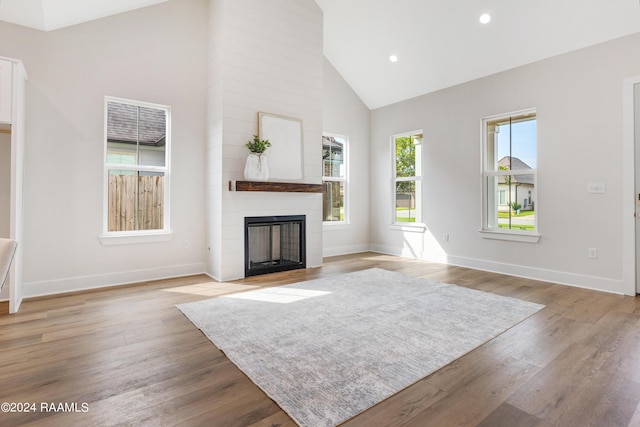 living room with a large fireplace, light hardwood / wood-style floors, and high vaulted ceiling