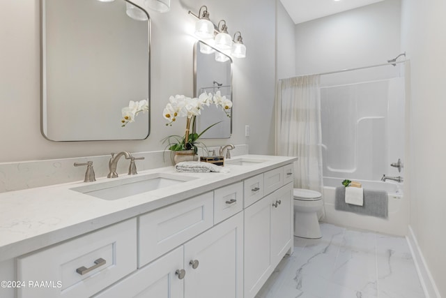 full bathroom featuring vanity, shower / tub combo, and toilet