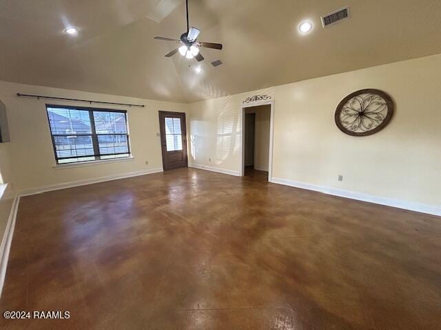 unfurnished living room featuring ceiling fan and high vaulted ceiling