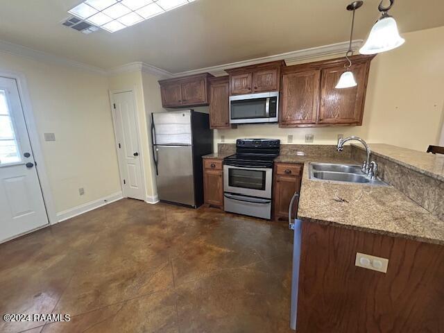 kitchen with light stone countertops, appliances with stainless steel finishes, ornamental molding, sink, and hanging light fixtures