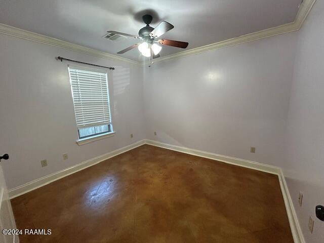 empty room with ceiling fan and crown molding