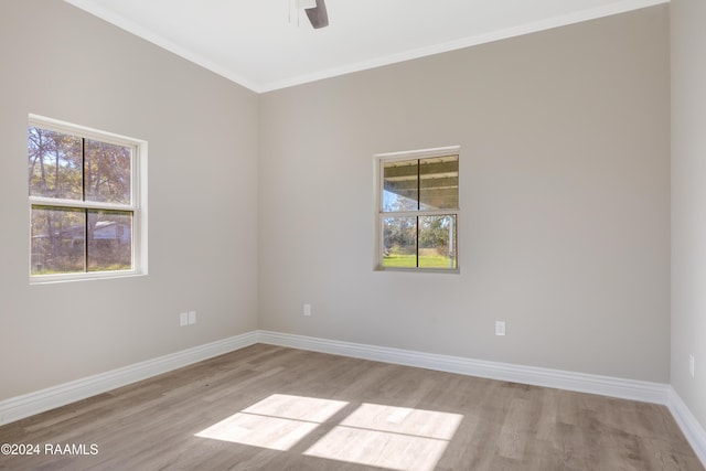 spare room with crown molding, light hardwood / wood-style flooring, and a healthy amount of sunlight