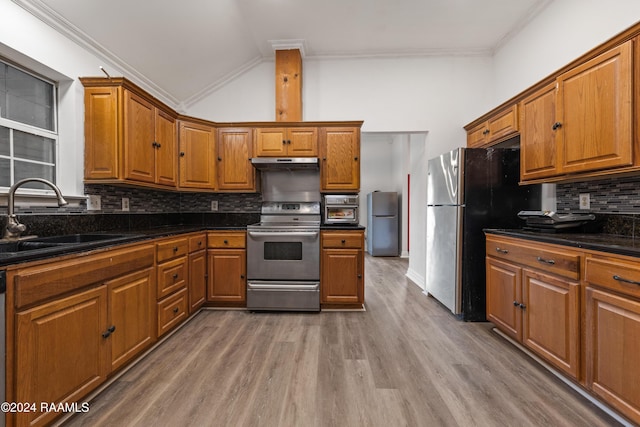 kitchen with lofted ceiling, backsplash, sink, crown molding, and appliances with stainless steel finishes