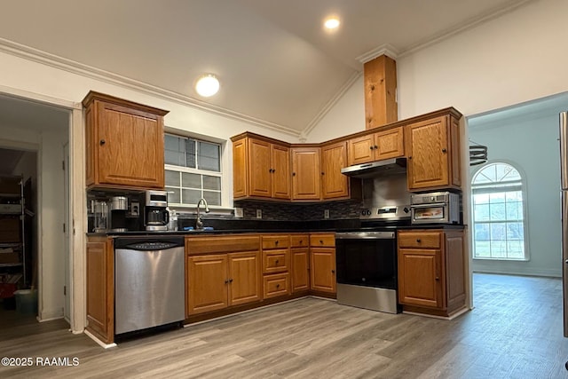 kitchen with crown molding, tasteful backsplash, high vaulted ceiling, light hardwood / wood-style flooring, and appliances with stainless steel finishes