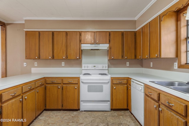 kitchen featuring kitchen peninsula, crown molding, sink, and white appliances