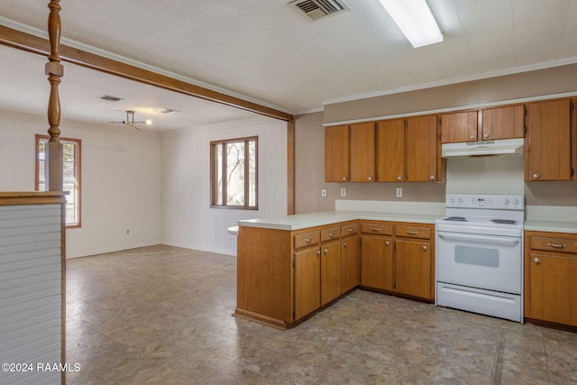 kitchen with kitchen peninsula, white range with electric cooktop, hanging light fixtures, and crown molding