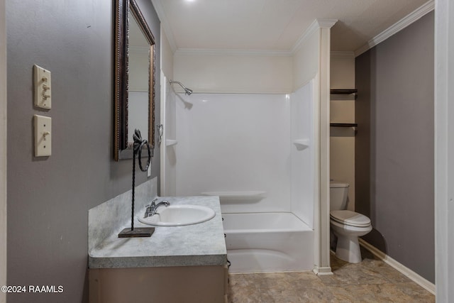 full bathroom featuring  shower combination, vanity, toilet, and crown molding