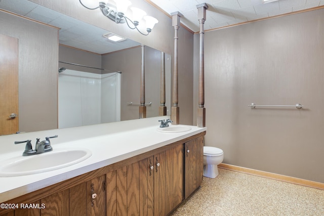 bathroom featuring a shower, vanity, and toilet