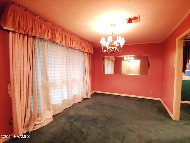 unfurnished dining area with ornamental molding, dark carpet, and a notable chandelier