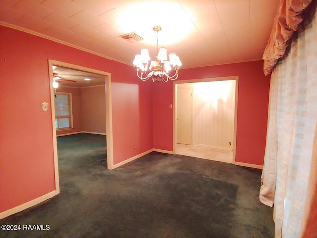 unfurnished dining area featuring a chandelier, visible vents, baseboards, ornamental molding, and carpet