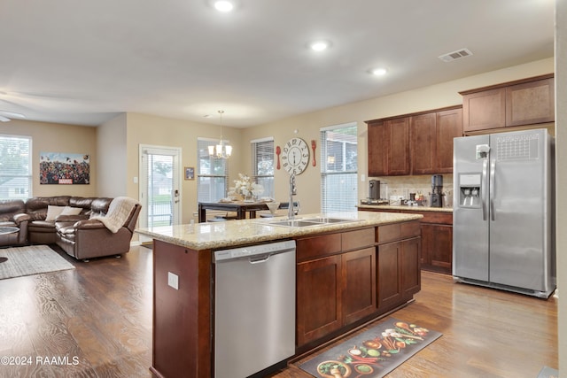 kitchen featuring a center island with sink, sink, hanging light fixtures, hardwood / wood-style flooring, and stainless steel appliances