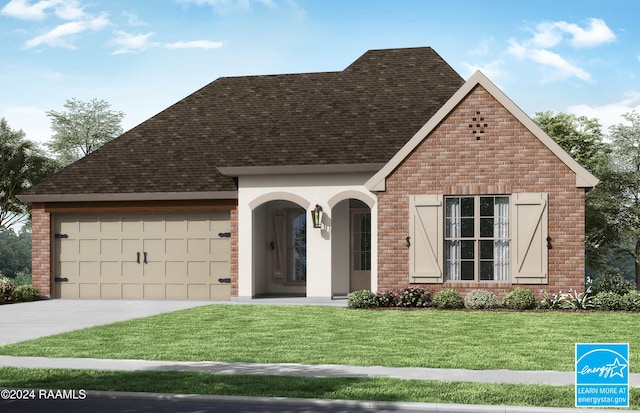 view of front of house featuring brick siding, a front lawn, roof with shingles, a garage, and driveway