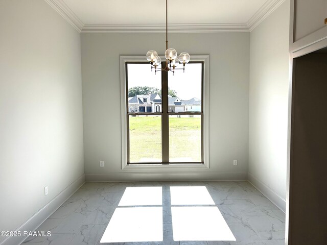 108 Fillmore Way, Lafayette, LA 70506 - empty room with light marble finish floors, plenty of natural light, a chandelier, baseboards, and crown molding
