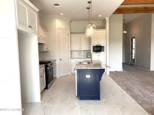 108 Fillmore Way, Lafayette, LA 70506 - kitchen with range with gas cooktop, a sink, stainless steel microwave, crown molding, and custom range hood