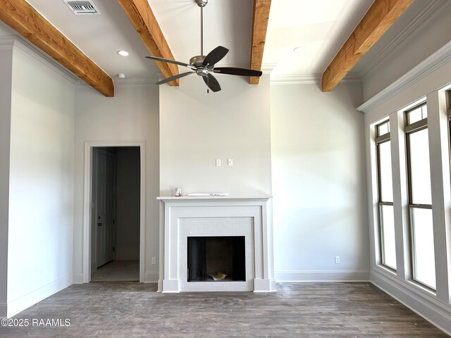 108 Fillmore Way, Lafayette, LA 70506 - unfurnished living room with beam ceiling, a ceiling fan, wood finished floors, baseboards, and ornamental molding